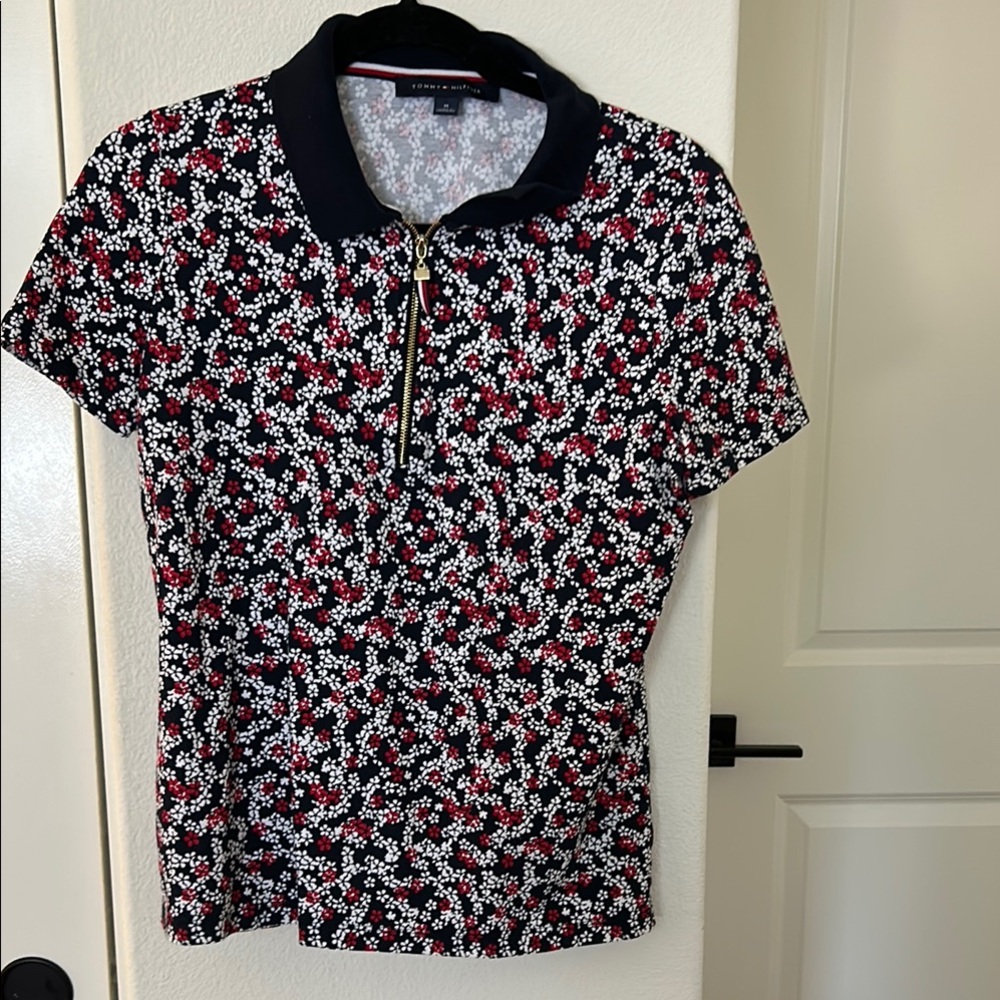 Tommy Hilfiger Black and Pink Fitted Polo Short Sleeve Top